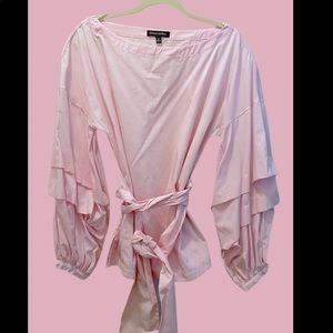 Banana Republic dressy pink blouse with layered puff sleeves and wrap waist